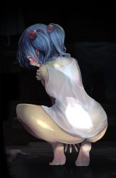 Rule 34 | 1girl, ass, bare legs, bare shoulders, barefoot, blue eyes, blue hair, blush, breasts, closed mouth, female pubic hair, from behind, frown, gomeifuku, hair bobbles, hair ornament, hand on own shoulder, highres, kawashiro nitori, medium breasts, nose blush, pubic hair, see-through, shirt, short hair, solo, squatting, tank top, thighs, touhou, twintails, water, wet, wet clothes, wet hair, wet shirt