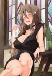 Rule 34 | 1girl, absurdres, black dress, blush, breasts, brown hair, cleavage, closed eyes, covered erect nipples, dress, glass, highres, holding glass, indoors, izumi mahiru, large breasts, long hair, lycoris recoil, nakahara mizuki, no bra, open mouth, solo
