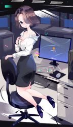 Rule 34 | 1girl, black footwear, black skirt, chair, computer, desk, female focus, hair over one eye, high heels, highres, itezanon, jewelry, keyboard (computer), kneeling, lipstick, looking at viewer, makeup, monitor, mouse (computer), nail polish, necklace, off shoulder, office, office chair, office lady, original, pink nails, shirt, shoes, skirt, solo, swivel chair, white shirt