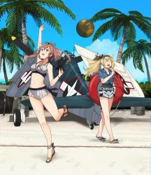 Rule 34 | 2girls, aircraft, airplane, annin musou, bad id, bad twitter id, ball, barefoot, bikini, blonde hair, blue eyes, blue shirt, blush, brown hair, closed eyes, day, f6f hellcat, food, gambier bay (kancolle), grey bikini, hair between eyes, highres, holding, holding food, ice cream, innertube, kantai collection, long hair, multiple girls, open mouth, palm tree, sandals, saratoga (kancolle), shirt, short sleeves, shorts, side ponytail, smile, swim ring, swimsuit, tree, twintails, white shorts