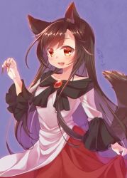 Rule 34 | 1girl, :3, :d, animal ears, artist name, bad id, bad twitter id, blouse, blue background, brown eyes, brown hair, character name, collarbone, dress, eyebrows, fingernails, highres, imaizumi kagerou, long fingernails, long hair, long sleeves, open mouth, red skirt, shaneru, shirt, signature, simple background, skirt, skirt hold, smile, solo, swept bangs, tail, touhou, translated, very long hair, white shirt, wolf ears, wolf tail