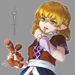 Rule 34 | 1girl, arm warmers, biting, blonde hair, finger biting, green eyes, grey background, holding, jacket, mikami yuuki (nl8you), mizuhashi parsee, pointy ears, sash, short sleeves, simple background, solo, touhou, uneven eyes, upper body, voodoo doll, straw doll