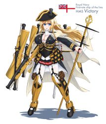 Rule 34 | 1girl, bad id, bad pixiv id, barrel, bicorne, blonde hair, blue eyes, braid, buttons, cannon, cape, dakku (ogitsune), frilled skirt, frills, full body, gun, hat, high heels, hms victory, holding, holding gun, holding staff, holding weapon, jacket, long hair, long sleeves, mecha musume, military jacket, miniskirt, open mouth, original, pantyhose, personification, pleated skirt, pointy ears, royal navy, scabbard, sheath, ship of the line, skirt, solo, staff, swod, warship, weapon, white ensign, white pantyhose