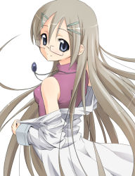 Rule 34 | 00s, 1girl, aikei, blue eyes, from behind, glasses, grey hair, hair ornament, hairpin, hayate no gotoku!, jacket, jacket off shoulders, jewelry, lab coat, long hair, looking at viewer, looking back, makimura shiori, necklace, off shoulder, pendant, sleeveless, solo, very long hair