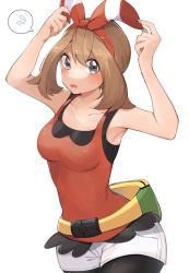 Rule 34 | 1girl, bad id, bad pixiv id, bare arms, bike shorts, bike shorts under shorts, blush, bow hairband, breasts, brown hair, collarbone, commentary, creatures (company), fanny pack, game freak, hairband, highres, looking at viewer, may (pokemon), nintendo, open mouth, pantyhose, pantyhose under shorts, pokemon, pokemon oras, raised eyebrows, red hairband, red shirt, ririmon, shirt, shorts, simple background, sleeveless, sleeveless shirt, solo, spoken sweatdrop, sweatdrop, tongue, white background, white shorts, yellow bag