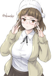 Rule 34 | 1girl, black skirt, blunt bangs, blush, breasts, brown eyes, brown hair, buttons, closed mouth, collared shirt, eyewear strap, glasses, highres, kantai collection, large breasts, long sleeves, one-hour drawing challenge, pince-nez, roma (kancolle), shirt, short hair, simple background, skirt, solo, takomeshi, twintails, upper body, white background, white shirt
