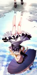 Rule 34 | 1girl, belt, beret, blonde hair, blue sky, bobby socks, brown jacket, brown umbrella, cloud, cloudy sky, cropped jacket, dark-skinned female, dark skin, day, diffraction spikes, dress, fenrir (fenlil0316), full body, grey dress, hat, highres, holding, holding umbrella, hololive, jacket, kintsuba (shiranui flare), knees, legs, long hair, looking at viewer, multicolored hair, outdoors, pinstripe dress, pinstripe pattern, pointy ears, puddle, red eyes, reflection, ripples, sailor collar, school uniform, shiranui flare, shiranui flare (street), sky, smile, socks, solo, streaked hair, striped clothes, striped dress, umbrella, vertical-striped clothes, vertical-striped dress, virtual youtuber, wet pavement