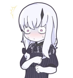 Rule 34 | 1girl, ^^^, black bow, black dress, blush, bow, closed mouth, commentary request, dress, fate/grand order, fate (series), grey hair, hair between eyes, hair bow, horns, lavinia whateley (fate), long hair, looking at viewer, nose blush, nyaru (nyaru 4126), pale skin, puffy short sleeves, puffy sleeves, purple eyes, short sleeves, simple background, single horn, solo, upper body, white background, wide-eyed