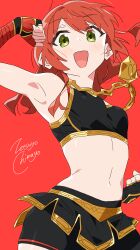 Rule 34 | 1girl, :d, absurdres, bocchi the rock!, highres, kita ikuyo, looking at viewer, midriff, navel, open mouth, red background, red hair, simple background, smile, solo, zetsuyo chimayo