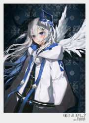 Rule 34 | 1girl, amane kanata, amane kanata (work), angel, angel wings, belt, black dress, blue belt, blue hair, blush, colored inner hair, cowboy shot, dress, feathered wings, hair ornament, hair over one eye, hairclip, halo, highres, hololive, jacket, long hair, long sleeves, looking at viewer, multicolored hair, parted lips, pixiv id, puffy long sleeves, puffy sleeves, purple eyes, rurumad, shadow, short dress, silver hair, single hair intake, smile, solo, star halo, twitter username, two side up, virtual youtuber, white jacket, white wings, wings