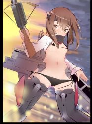 Rule 34 | 1girl, armored boots, bad id, bad twitter id, bikini, bikini top only, black bikini, boots, border, bow (weapon), breasts, brown eyes, brown hair, caburi, cameltoe, commentary request, cowboy shot, cropped jacket, crossbow, dusk, gluteal fold, highres, kantai collection, long sleeves, micro bikini, micro bikini top, navel, revealing clothes, rigging, short hair, side-tie bikini bottom, small breasts, solo, swimsuit, taihou (kancolle), thigh boots, thighhighs, weapon