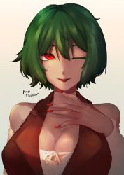 Rule 34 | 1girl, alternate costume, breasts, christmas, cleavage, colored eyelashes, gradient background, green hair, hand on own chest, highres, kazami yuuka, large breasts, nail polish, one eye closed, red eyes, red nails, short hair, simple background, solo, tongue, tongue out, touhou