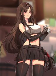 Rule 34 | 1girl, absurdres, artist name, black skirt, black thighhighs, blurry, blurry background, brown hair, closed mouth, commentary, elbow gloves, final fantasy, final fantasy vii, final fantasy vii remake, fingernails, gloves, highres, holding, ku-ini, lips, long hair, low-tied long hair, midriff, miniskirt, navel, shaker, shiny clothes, signature, simple background, skirt, smile, solo, stomach, suspender skirt, suspenders, tank top, thighhighs, tifa lockhart, zettai ryouiki