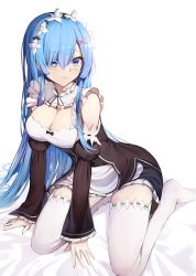 Rule 34 | 1girl, bare shoulders, blacktheif, blue eyes, blue hair, blush, breasts, cleavage, commentary request, detached sleeves, dress, frills, hair ornament, hair over one eye, large breasts, long hair, looking at viewer, maid, maid headdress, re:zero kara hajimeru isekai seikatsu, rem (re:zero), sitting, smile, solo, thighhighs, white thighhighs, x hair ornament