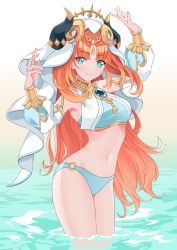 Rule 34 | 1girl, adapted costume, alternate hairstyle, arms up, bare shoulders, bikini, breasts, brooch, closed mouth, cowboy shot, detached sleeves, feng shao kky (arj0522), forehead jewel, genshin impact, gold trim, gradient background, green eyes, highres, horns, jewelry, legs together, long hair, looking at viewer, medium breasts, nail polish, navel, neck ring, nilou (genshin impact), o-ring, o-ring bikini, red hair, smile, solo, standing, stomach, swimsuit, thighs, vambraces, veil, wading, water, white headdress