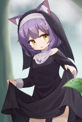 Rule 34 | 1girl, animal ear fluff, animal ears, black dress, black sleeves, black veil, blurry, blurry background, cat ears, coif, commentary request, cross, cross hair ornament, dot nose, dress, facing to the side, habit, hair between eyes, hair ornament, highres, holding, holding clothes, latin cross, leaf, light blush, long sleeves, looking to the side, mogura2009, nun, off-shoulder dress, off shoulder, open mouth, original, outdoors, purple hair, sad, solo, tearing up, thighs, veil, wet, wet clothes, wet hair, yellow eyes