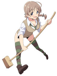 Rule 34 | 1girl, bad id, bad pixiv id, blue eyes, boko (maniacpurple), braid, broom, brown hair, komakedara, lynette bishop, necktie, no pants, single braid, sleeves rolled up, solo, strike witches, striped clothes, striped thighhighs, sweater vest, thighhighs, world witches series