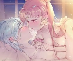 Rule 34 | +1 (yakusoku0722), 1boy, 1girl, bare shoulders, bishoujo senshi sailor moon, bishoujo senshi sailor moon supers, blush, breasts, chibi usa, collarbone, couple, double bun, earrings, facial mark, forehead jewel, forehead mark, hair bun, hair ornament, hairpin, helios (sailor moon), hetero, highres, jewelry, lips, long hair, looking at another, medium breasts, parted lips, pink eyes, pink hair, short hair, small lady serenity, topless male, upper body, white hair, yellow eyes