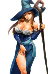 Rule 34 | 1girl, bare shoulders, breasts, brown eyes, brown hair, cleavage, detached sleeves, dragon&#039;s crown, hat, large breasts, long hair, looking at viewer, mizuki apple, no bra, simple background, smile, solo, sorceress (dragon&#039;s crown), staff, standing, white background, witch hat