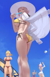 Rule 34 | 1boy, 3girls, adjusting clothes, adjusting swimsuit, alternate costume, artist request, ass, ball, bare legs, beachball, bikini, blonde hair, braid, breasts, cleavage, commentary request, curvy, eating, fate/grand order, fate (series), florence nightingale (chaldea lifesavers) (fate), florence nightingale (fate), food, from side, front-tie bikini top, front-tie top, goggles, hat, highres, jacket, jacket on shoulders, lancelot (fate/grand order), large breasts, light purple hair, long hair, mash kyrielight, mash kyrielight (swimsuit of perpetual summer), mordred (fate), mordred (fate) (all), mordred (fate/apocrypha), mordred (swimsuit rider) (fate), mordred (swimsuit rider) (first ascension) (fate), multiple girls, official alternate costume, one-piece swimsuit, pink hair, pointing, popsicle, red bikini, red eyes, short hair, side-tie bikini bottom, single braid, sky, sly, sunlight, surfboard, swimsuit, takehisa tomoe, thong, thong bikini, underboob, very long hair, walking, white one-piece swimsuit, wide hips, yellow bikini