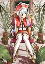 Rule 34 | 1girl, blue eyes, bow, capelet, chair, fingerless gloves, gloves, hair bow, hat, long hair, neo-masterpeacer, original, plant, potted plant, silver hair, sitting, solo, thighhighs, white thighhighs
