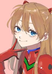 Rule 34 | 1girl, :&gt;, blue eyes, bodysuit, brown hair, long hair, looking at viewer, neon genesis evangelion, pink background, plugsuit, red bodysuit, saixillust, shiny clothes, simple background, smile, solo, souryuu asuka langley, two side up, upper body