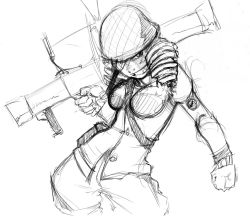 Rule 34 | 1girl, between breasts, breasts, cosplay, drill hair, greyscale, grin, helmet, katawa shoujo, konflikti, m1 bazooka, medium breasts, mikado shiina, military, military uniform, monochrome, rocket launcher, sketch, smile, soldier (tf2), solo, strap between breasts, team fortress 2, the soldier (cosplay), twin drills, twintails, uniform, weapon