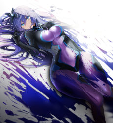 Rule 34 | 1girl, blue eyes, bodysuit, breasts, covered navel, hair ornament, highres, large breasts, long hair, looking at viewer, lying, neptune (series), on back, purple bodysuit, purple hair, purple heart (neptunia), shin jigen game neptune vii, solo, thighs, xi ying
