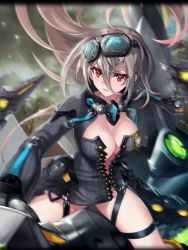 Rule 34 | 1girl, ahoge, artist request, breasts, cleavage, goggles, goggles on head, hair between eyes, impossible clothes, laevateinn (phantom of the kill), large breasts, long hair, official art, phantom of the kill, red eyes, silver hair, thighs, wind