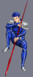 Rule 34 | 1boy, armor, beads, blue hair, bodysuit, bulge, claptrack, closed mouth, cu chulainn (fate), earrings, fate/stay night, fate (series), full body, gae bolg (fate), grey background, grin, hair beads, hair ornament, highres, holding, holding polearm, holding weapon, jewelry, knee up, cu chulainn (fate/stay night), long hair, looking to the side, male focus, muscular, one eye closed, pauldrons, polearm, ponytail, red eyes, shoulder armor, simple background, skin tight, smile, solo, spiked hair, type-moon, weapon