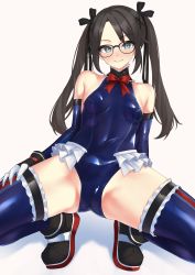Rule 34 | 1girl, absurdres, aqua eyes, black-framed eyewear, black hair, black ribbon, blonde hair, blue one-piece swimsuit, blue thighhighs, breasts, commentary request, cosplay, covered navel, dead or alive, dead or alive 5, diagonal bangs, frilled swimsuit, frills, full body, glasses, gloves, hair ornament, hair ribbon, highleg, highleg swimsuit, highres, idolmaster, idolmaster shiny colors, long hair, looking at viewer, marie rose, marie rose (cosplay), mitsumine yuika, one-piece swimsuit, ribbon, small breasts, spread legs, squatting, swimsuit, taiyou-n, thighhighs, thighs, trefoil, twintails, white background, x hair ornament