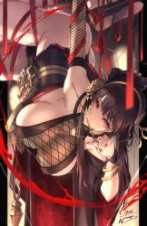 Rule 34 | 1girl, alternate costume, ass, black dress, black hair, black panties, blood, bloody weapon, breasts, dress, fishnet top, fishnets, flower, gainoob, gold hairband, hair flower, hair ornament, hairband, hanging, highres, japanese clothes, large breasts, licking, licking weapon, long hair, looking at viewer, mouth hold, ninja, panties, pillarboxed, red eyes, red nails, red ribbon, ribbon, sidelocks, solo, spy x family, string, thread, tongue, underwear, weapon, yor briar
