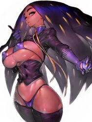 Rule 34 | 1girl, bikini, black jacket, black pants, blue eyes, blue gloves, blue hair, breasts, breasts out, buttons, closed mouth, covered erect nipples, cowboy shot, creatures (company), cropped legs, eyelashes, floating hair, fumio (rsqkr), game freak, geeta (pokemon), gloves, highres, holding, holding poke ball, jacket, large breasts, long hair, long sleeves, looking at viewer, neck ribbon, nintendo, nipples, outstretched arm, pants, poke ball, pokemon, pokemon sv, purple bikini, revealing clothes, ribbon, shirt, smile, solo, swimsuit, thick thighs, thighs, ultra ball, wide hips, yellow ribbon