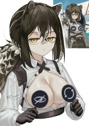Rule 34 | 1girl, absurdres, animal ears, animal hands, arknights, black hair, breasts, censored, censored nipples, cleavage, closed mouth, cloverse6, crossed bangs, hair between eyes, highres, holding, large breasts, looking at viewer, no bra, open clothes, open shirt, polka dot, polka dot shirt, ponytail, raccoon, raccoon ears, raccoon girl, reference inset, robin (arknights), shirt, sidelocks, simple background, solo, upper body, white background, white shirt, yellow eyes