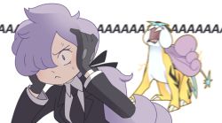 Rule 34 | 1girl, anabel (pokemon), animated, animated gif, black necktie, collared shirt, covering own ears, creatures (company), electricity, fangs, game freak, gen 2 pokemon, gloves, hair ribbon, hands up, jacket, legendary pokemon, necktie, nintendo, pokemon, pokemon (creature), pokemon sm, ponytail, purple eyes, purple hair, raikou, ribbon, roaring, shirt, simple background, sweat, tail, tongue, vergolophus, white background