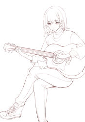 Rule 34 | 1girl, acoustic guitar, cat, earrings, guitar, highres, holding, holding instrument, instrument, invisible chair, jewelry, crossed legs, medium hair, monochrome, nekojira, original, pants, parted lips, shoes, simple background, sitting, smile, solo, spot color, sweater, white background