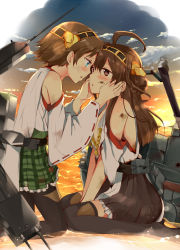 Rule 34 | 10s, 2girls, ahoge, bad id, bad pixiv id, bare shoulders, brown hair, cloud, detached sleeves, frilled skirt, frills, hagino makoto, hairband, hands on another&#039;s cheeks, hands on another&#039;s face, headgear, hiei (kancolle), japanese clothes, kantai collection, kongou (kancolle), long hair, looking at another, md5 mismatch, multiple girls, open mouth, pantyhose, personification, plaid, plaid skirt, ribbon-trimmed sleeves, ribbon trim, short hair, skirt, sky, thighhighs, torn clothes, twilight, yuri, zettai ryouiki