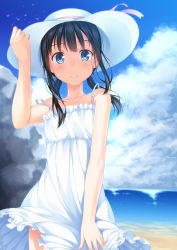 Rule 34 | 1girl, bare shoulders, beach, black hair, blue eyes, day, dress, hat, highres, long hair, low twintails, original, outdoors, parted lips, sleeveless, smile, solo, sun hat, sundress, twintails, white dress, yuuri nayuta