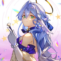 Rule 34 | 1girl, absurdres, artist name, bare shoulders, blonde hair, blue dress, blue hair, blue ribbon, bracelet, breasts, buttons, closed mouth, commentary request, dangle earrings, dress, earrings, elbow gloves, english text, gloves, green eyes, hair between eyes, hair ribbon, hair wings, highres, honkai: star rail, honkai (series), jewel under eye, jewelry, long hair, looking at viewer, medium breasts, partial commentary, pearl bracelet, ribbon, robin (honkai: star rail), single wing, solo, star (symbol), white gloves, white wings, wings, yume-dream