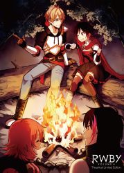 Rule 34 | 2boys, 2girls, alternate costume, campfire, camping, cape, commentary request, highres, jaune arc, kuma (bloodycolor), lie ren, multiple boys, multiple girls, nora valkyrie, official art, ruby rose, rwby