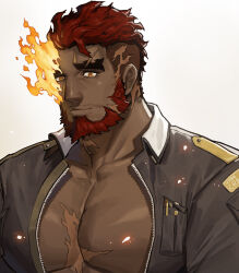 Rule 34 | 1boy, bara, beard, brown eyes, closed mouth, commentary request, dark-skinned male, dark skin, embers, eyebrow cut, facial hair, fire, flaming eye, hephaestus (housamo), highres, jin (sirius-j), large pectorals, male focus, mature male, muscular, muscular male, pectorals, red hair, scar, scar on chest, scar on head, short hair, simple background, smile, solo, thick eyebrows, tokyo houkago summoners, unzipped, upper body, white background
