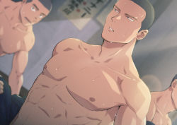 Rule 34 | 3boys, abs, bara, buzz cut, grey hair, indoors, kemukemuke, large pectorals, looking at another, male focus, multiple boys, navel, nipples, original, pectorals, short hair, solo focus, sunlight, sweat, toned, toned male, underwear, underwear only, undressing, very short hair