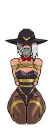 Rule 34 | absurdres, arms behind back, ashe (overwatch), bound, bound arms, bound legs, bow, breast bondage, breasts, cleavage, collarbone, detached collar, earrings, eyeliner, gag, gagged, hat, highres, improvised gag, jewelry, leotard, lipstick, looking at viewer, makeup, mole, overwatch, overwatch 1, pantyhose, rope, white hair, wossarem