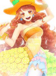 Rule 34 | 1girl, :d, asymmetrical clothes, bad id, bad pixiv id, bangle, bare shoulders, blush, bracelet, collarbone, cowboy shot, curry gohan, dated, dress, earrings, english text, engrish text, eyelashes, flower earrings, food, frilled dress, frills, fruit, garter straps, hand on headwear, happy birthday, hat, heart, jewelry, lemon, lemon slice, long hair, looking at viewer, nail polish, nami (one piece), one piece, open mouth, orange nails, ranguage, round teeth, smile, solo, sparkle, strapless, strapless dress, swept bangs, tattoo, teeth, thighhighs, tongue, white background, white thighhighs, yellow hat, yellow nails