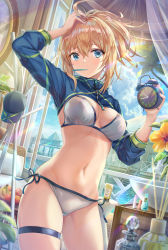 Rule 34 | 1girl, ahoge, alarm clock, apple, arm up, artoria pendragon (fate), banana, baseball cap, bikini, blonde hair, blue eyes, blurry, bottle, breasts, chair, cleavage, clock, cloud, commentary request, cowboy shot, day, depth of field, dutch angle, fate/grand order, fate (series), food, fruit, hat, unworn hat, unworn headwear, highres, holding, large breasts, long hair, long sleeves, looking at viewer, mouth hold, mysterious heroine x (fate), mysterious heroine xx (fate), navel, no pants, palm tree, perfume bottle, plant, ponytail, shrug (clothing), side-tie bikini bottom, skindentation, sky, solo, stomach, sunlight, swimsuit, thigh strap, thighs, torino aqua, tree, white bikini