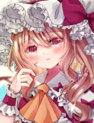 Rule 34 | 1girl, blonde hair, closed mouth, flandre scarlet, hair between eyes, hat, jaku sono, looking to the side, medium hair, mob cap, one side up, red eyes, solo, touhou, upper body, white hat