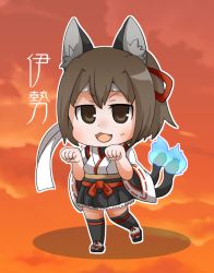 Rule 34 | 1girl, :3, :d, animal ears, black footwear, black skirt, black thighhighs, blush, brown eyes, brown hair, cat ears, cat girl, cat tail, chibi, cloud, cloudy sky, commentary request, fang, full body, gurageida, hair ribbon, hands up, headband, ise (kancolle), ise kai ni (kancolle), japanese clothes, kantai collection, kemonomimi mode, kimono, long sleeves, looking at viewer, multiple tails, nekomata, open mouth, paw pose, pleated skirt, red ribbon, ribbon, ribbon-trimmed sleeves, ribbon trim, sandals, short kimono, skirt, sky, smile, solo, standing, standing on one leg, tail, thighhighs, translation request, two tails, white headband, white kimono, wide sleeves, zouri