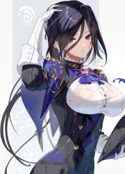 Rule 34 | 1girl, ascot, black hair, blue ascot, breasts, button gap, clorinde (genshin impact), earrings, epaulettes, genshin impact, gloves, hat, holding, holding clothes, holding hat, jewelry, large breasts, looking at viewer, no headwear, parted lips, purple eyes, scottie (phantom2), shirt, solo, vision (genshin impact), wet, wet clothes, wet shirt, white gloves