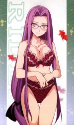 Rule 34 | 1girl, absurdres, bare shoulders, bra, breasts, character name, cleavage, fate/stay night, fate (series), female focus, glasses, highleg, highleg panties, highres, lace, lace-trimmed bra, lace-trimmed panties, lace trim, large breasts, lingerie, long hair, looking at viewer, low-tied long hair, medusa (fate), medusa (rider) (fate), morii shizuki, navel, panties, plaid, plaid bra, plaid panties, purple eyes, purple hair, scan, solo, square pupils, thigh gap, underwear, underwear only, very long hair
