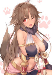 Rule 34 | 1girl, :3, ;d, antenna hair, bare shoulders, black skirt, blush, breasts, brown hair, cleavage, commentary request, crop top, dark-skinned female, dark skin, fang, fur collar, gauntlets, highres, kaori (princess connect!), large breasts, long hair, looking at viewer, midriff, navel, one eye closed, open mouth, princess connect!, red eyes, rope, sagging breasts, sitting, skirt, smile, solo, stomach, tail, very long hair, yaman